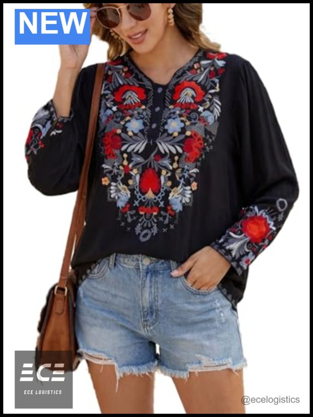 Womens Embroidered Long Sleeve Peasant Tunic Top Cotton Blend Casual Fall Blouse